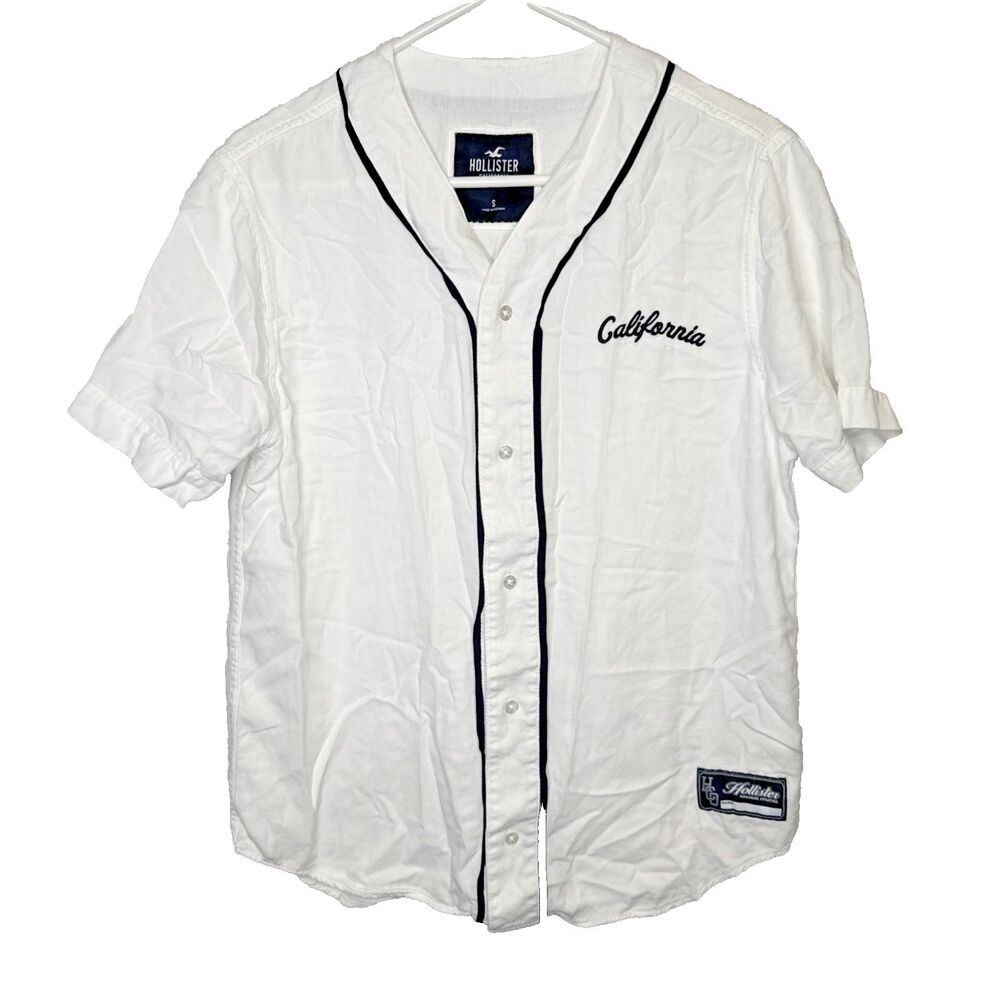 Hollister Mens Size Small S White California Logo Baseball Jersey Button Up